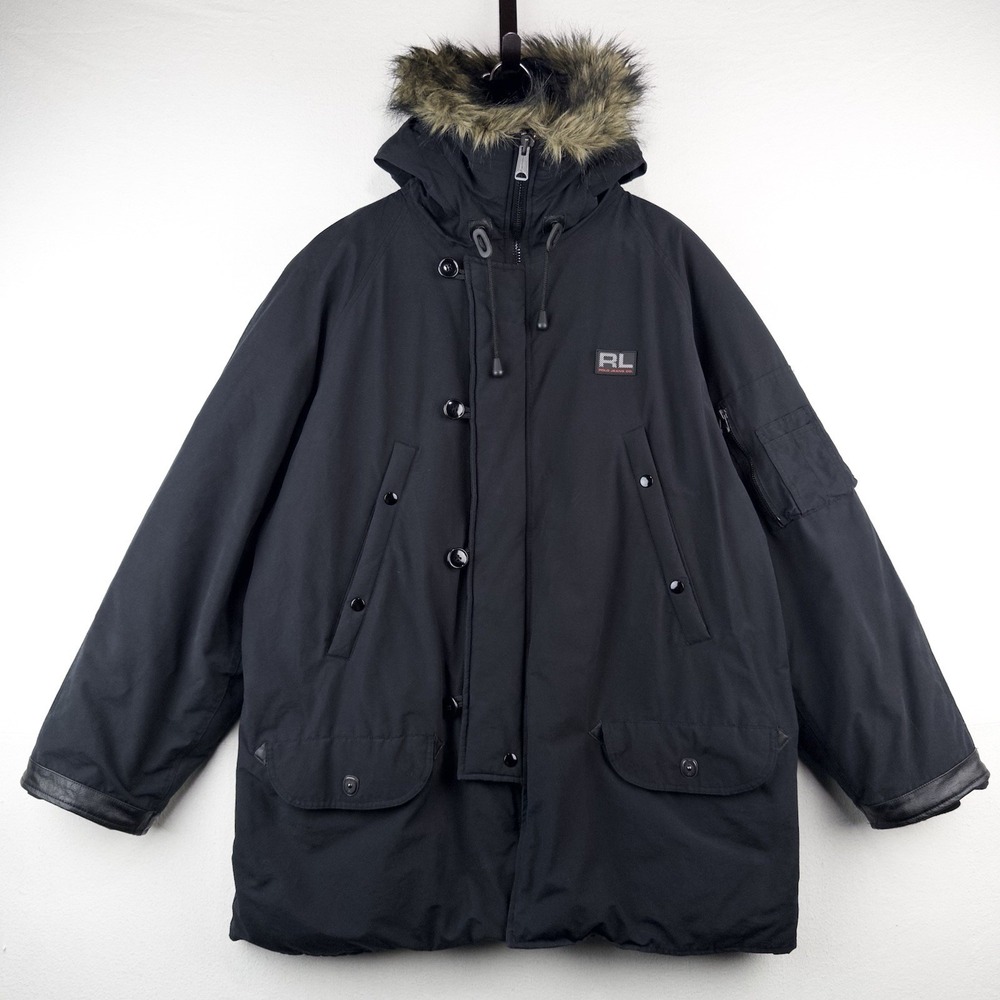 90's Vtg Ralph Lauren Polo Jeans Co Goose Down Parka Black Hooded Men's Large
